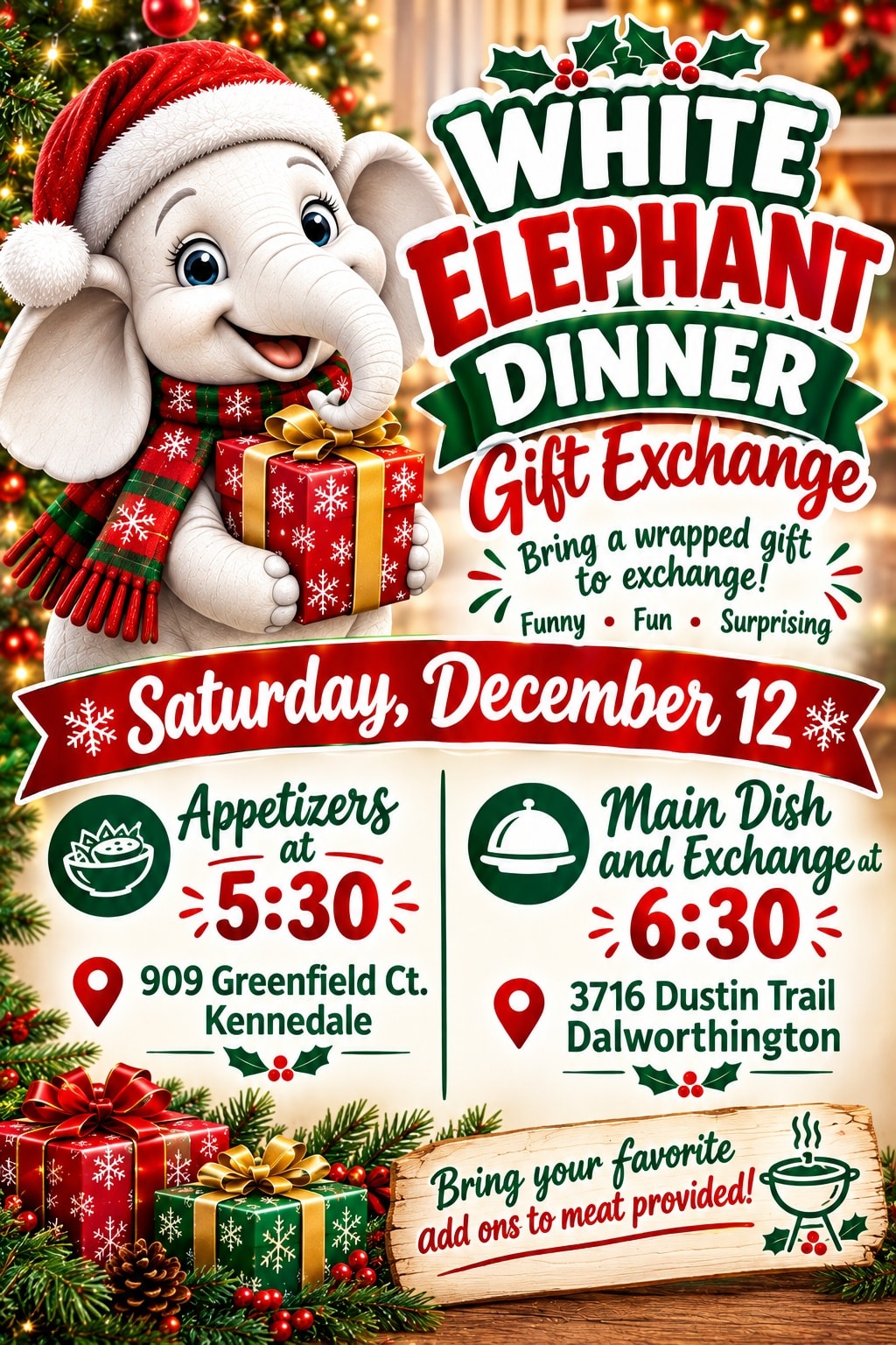 White Elephant Dinner Gift Exchange — Saturday December 12, two locations