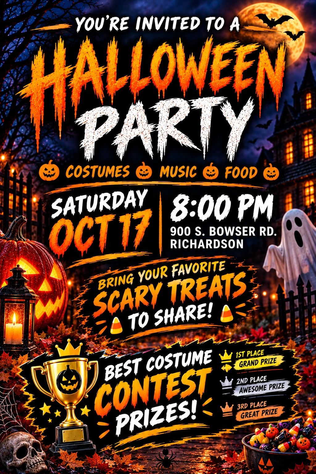 Halloween Party — Saturday Oct 17, 8pm, 900 S. Bowser Rd. Richardson. Costumes, music, food.